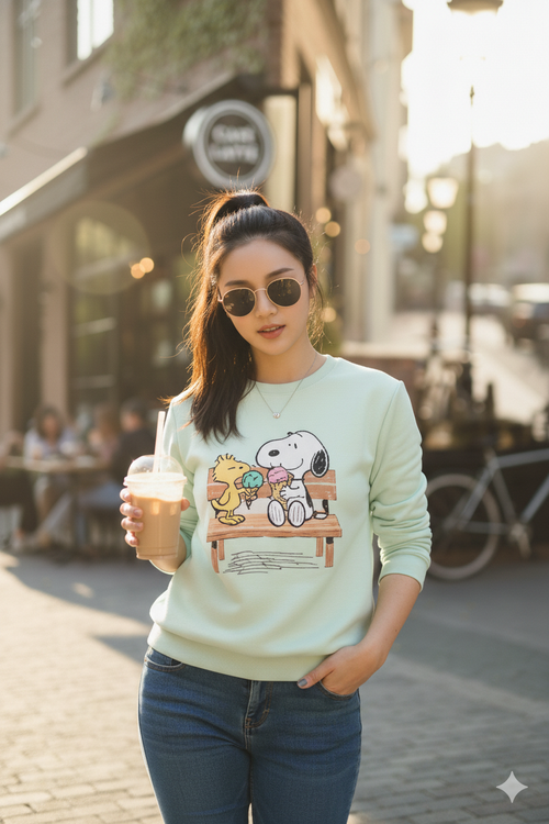 Woman wearing a light green sweatshirt with a cartoon design of snoopy and friends, holding a drink on a street.