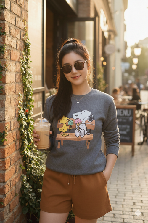 Woman wearing a snoopy and friends graphic sweatshirt holding a drink, standing on a street.