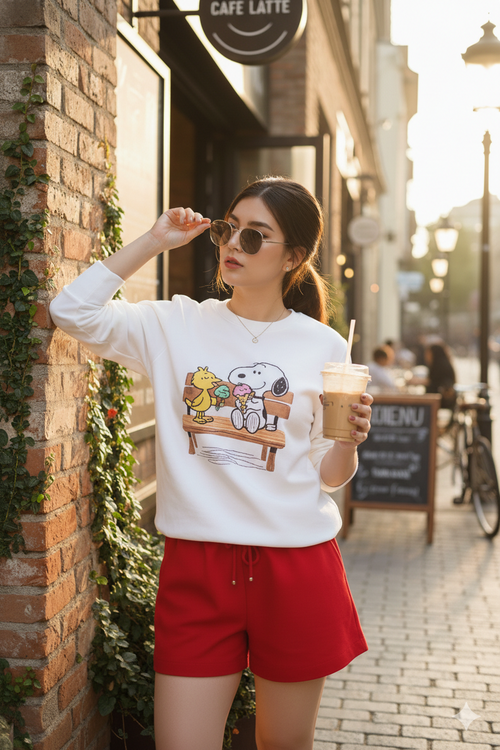 Woman wearing a white snoopy and friends sweatshirt with a graphic design, holding a drink, standing on a street.