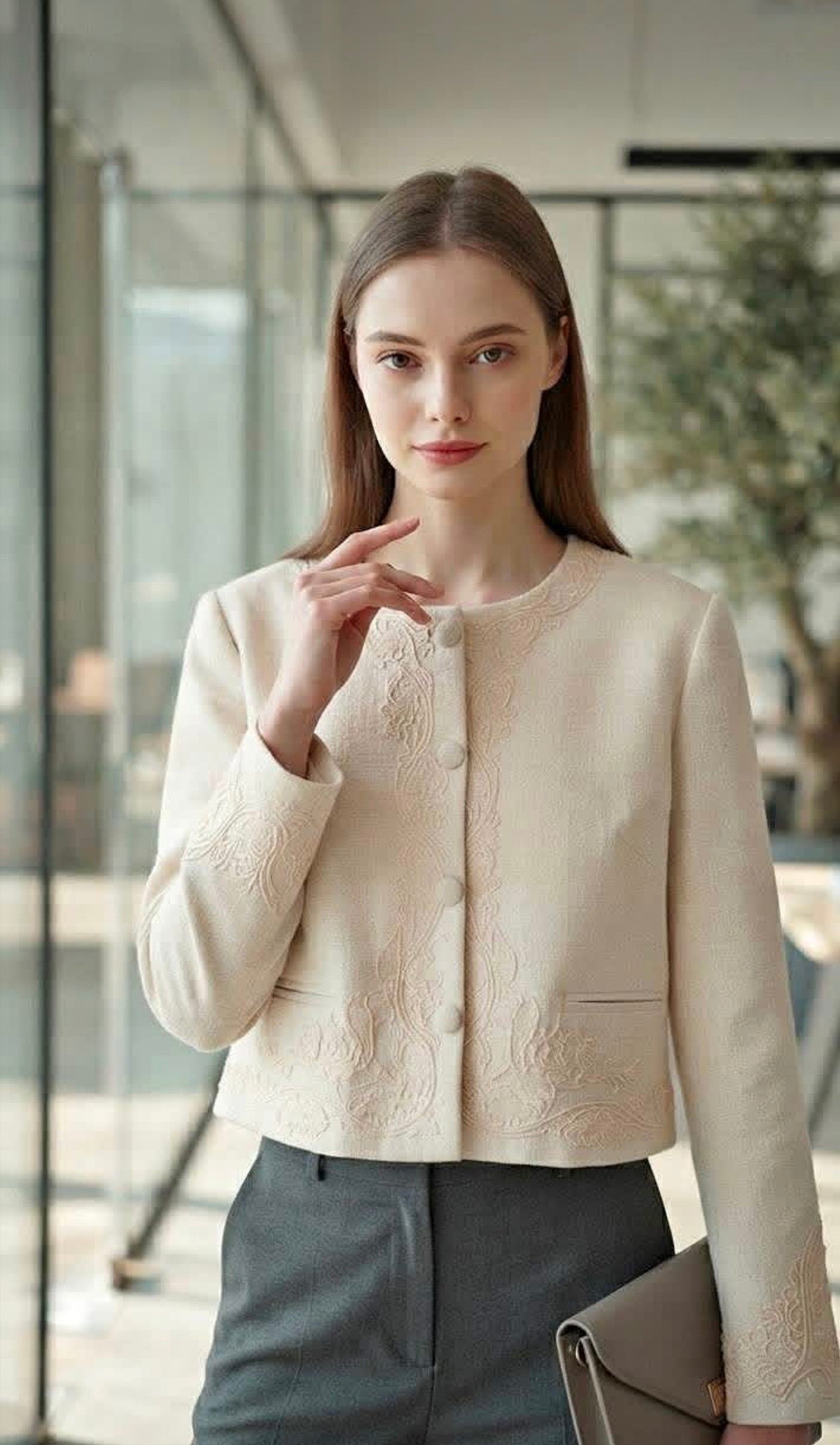 A woman wearing a cropped cream-colored jacket with intricate floral embroidery