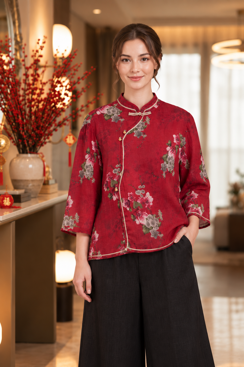 绯红繁华 Crimson Blossom Ramie-blend Blouse
