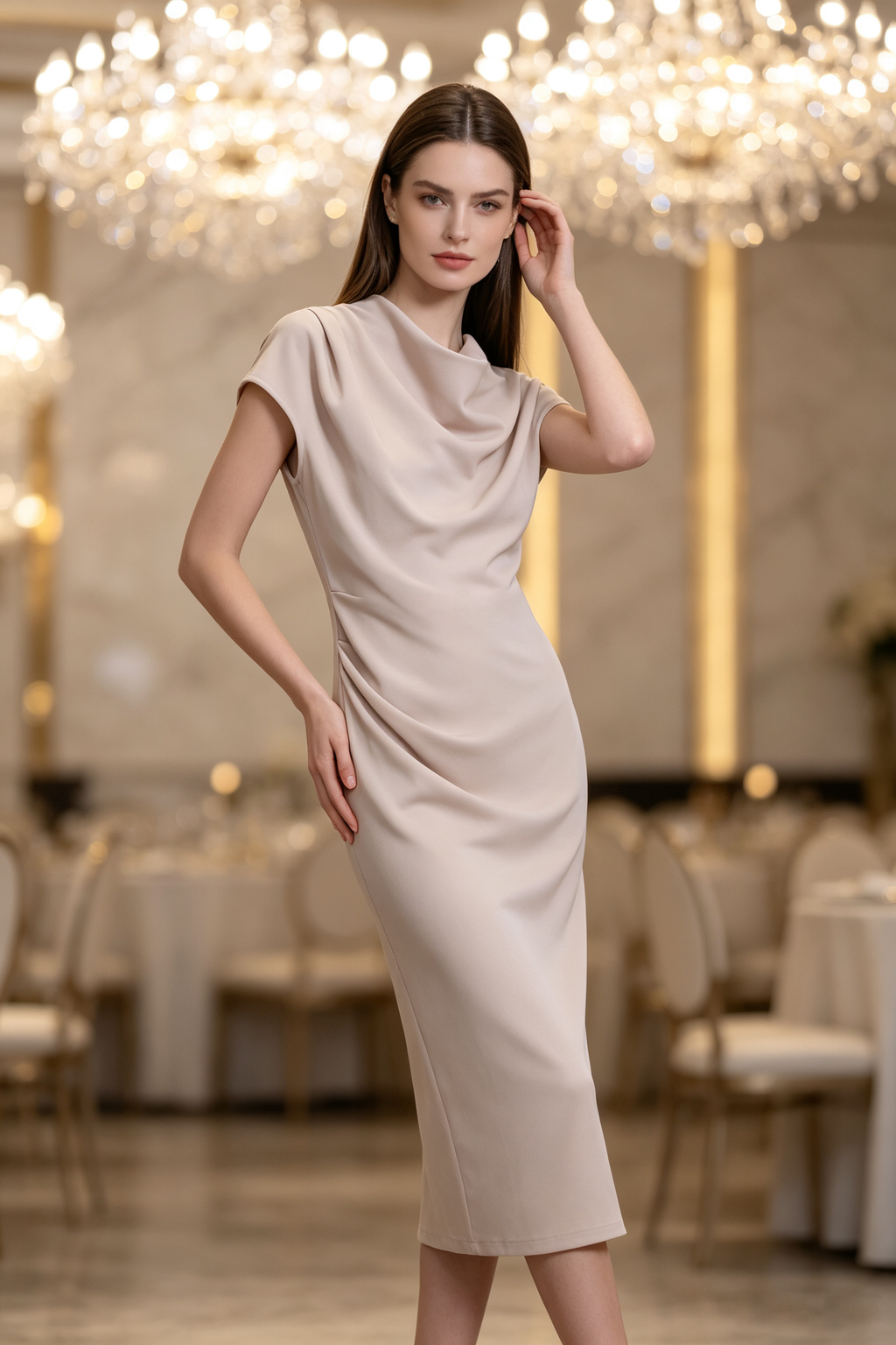 A woman modeling a sleeveless, cowl-neck midi dress in a light beige