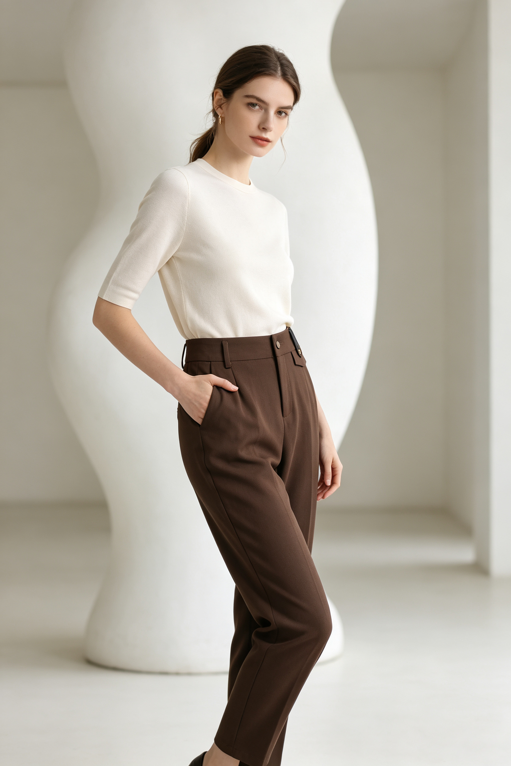 high-waisted brown trousers
