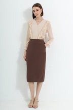 Le Ann Maxima pencil midi skirt in coffee suiting fabric.