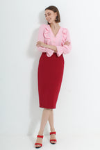 Le Ann Maxima pencil midi skirt in red suiting fabric, styled with pink oriental top