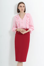 Le Ann Maxima pencil midi skirt in red suiting fabric, styled with pink oriental top