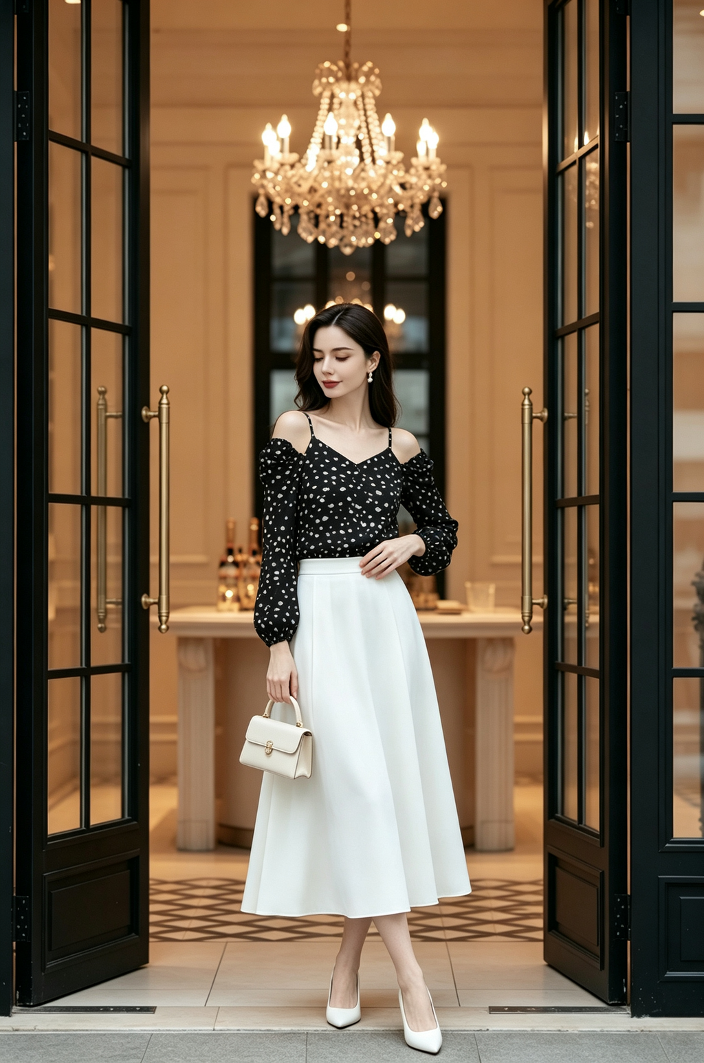 A woman wearing a black off-the-shoulder embellished top with long sheer sleeves, a white midi skirt