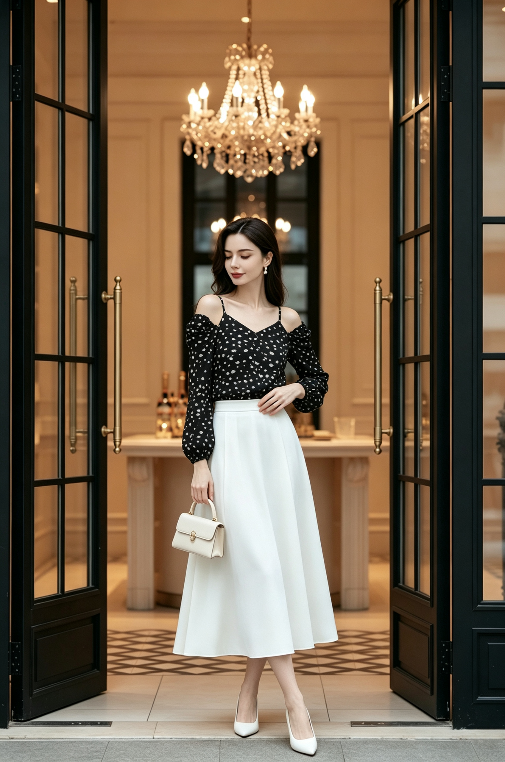 A woman wearing a black off-the-shoulder embellished top with long sheer sleeves, a white midi skirt