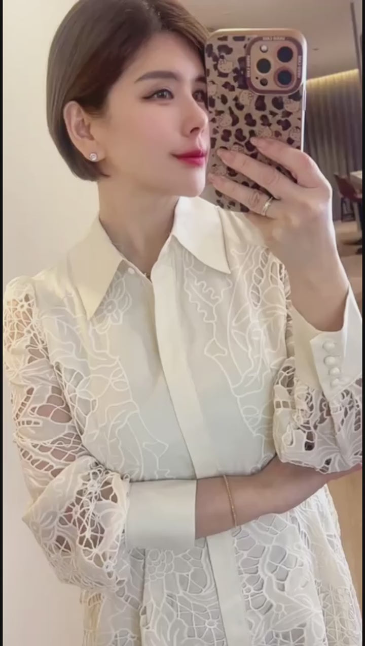 Elegant lace collared midi dress selfie video at Le Ann Maxima