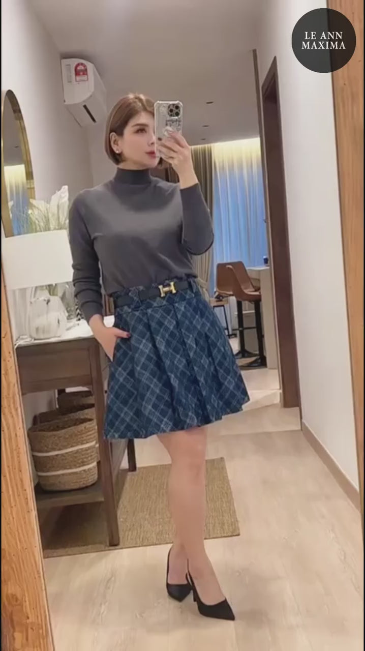 High-Waist Checkered A-Line Skirt [FREE Belt]