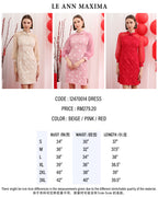 Three models wearing cheongsam dresses in beige, pink, and red with product details below.