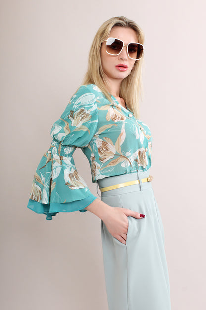 Floral Bias Sleeve Elastic Waist Front Button Blouse