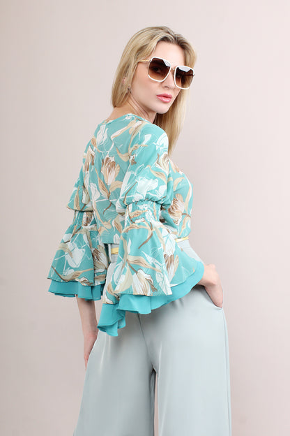 Floral Bias Sleeve Elastic Waist Front Button Blouse