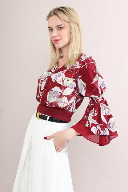 Floral Bias Sleeve Elastic Waist Front Button Blouse