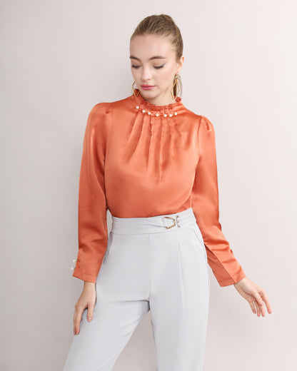 Satin High Neck Plicated Plain Blouse