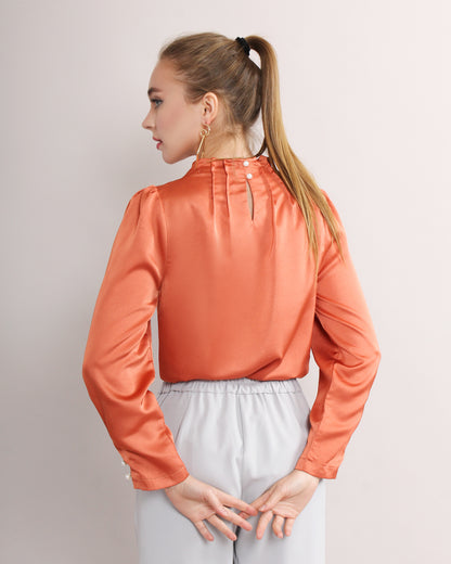 Satin High Neck Plicated Plain Blouse