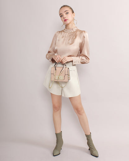 Satin High Neck Plicated Plain Blouse