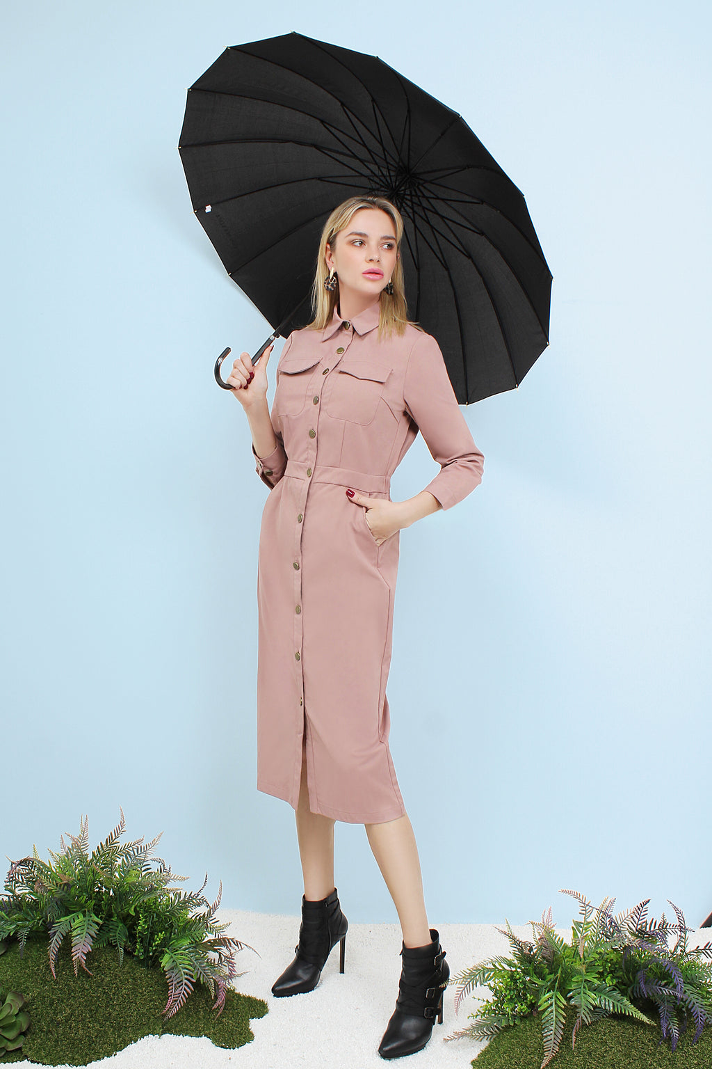Button Down Utility Midi Dress