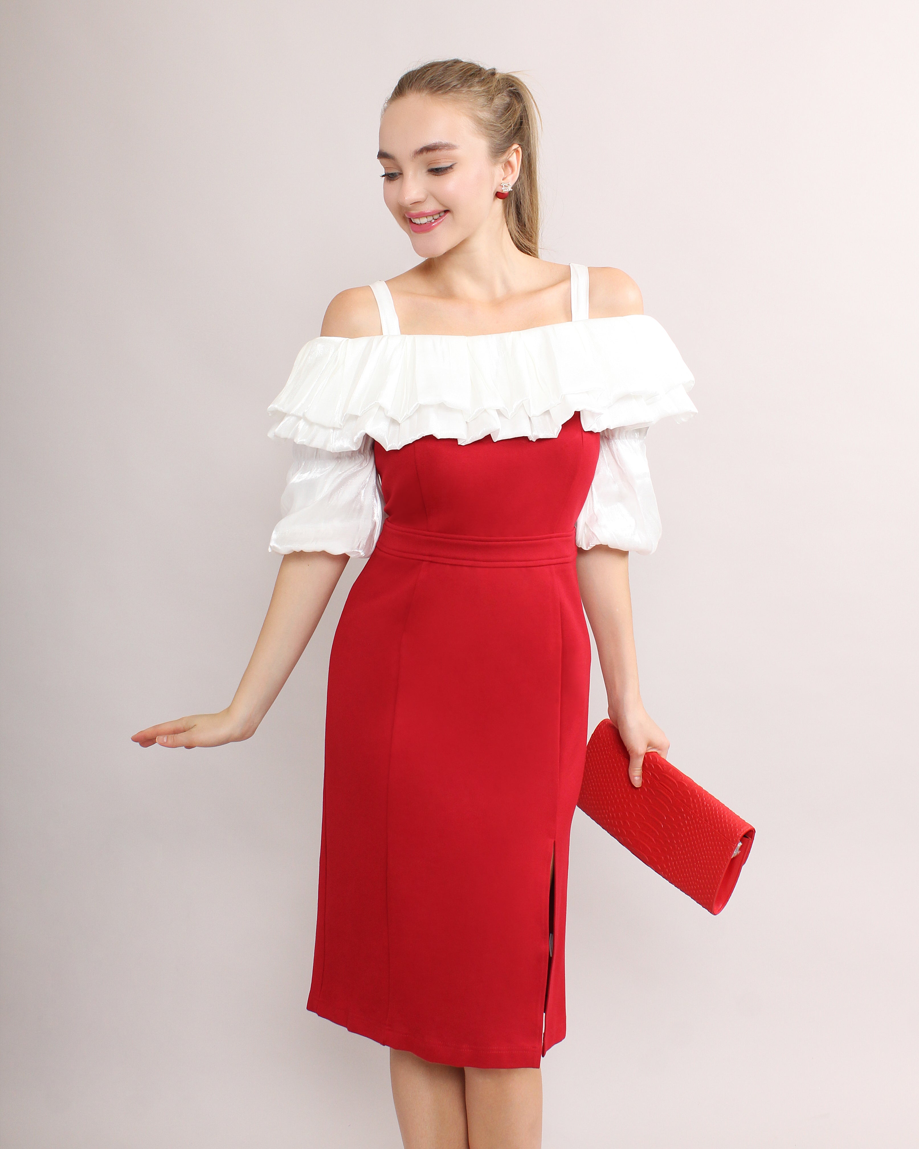 Off Shoulder Ruffle Midi Dress