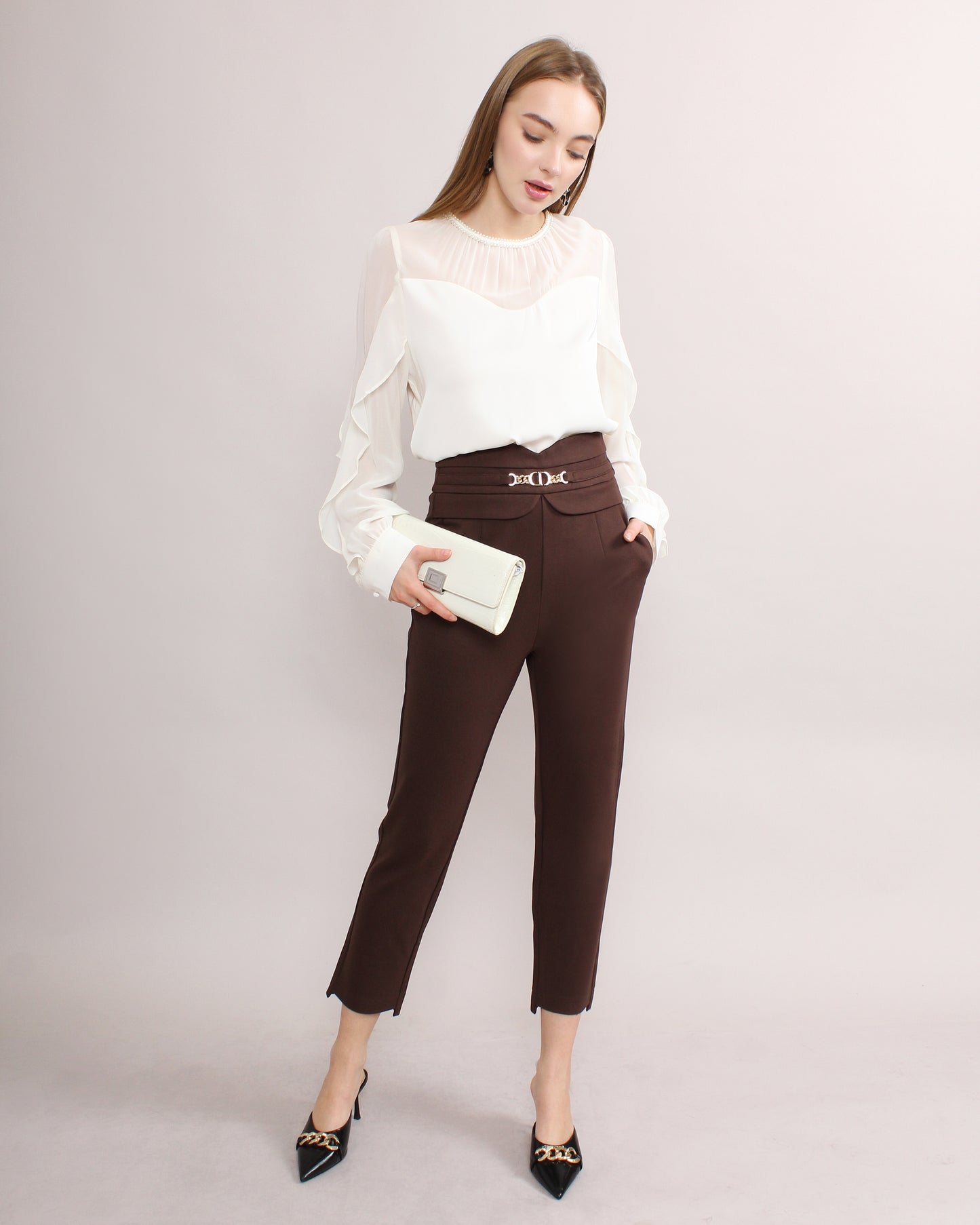 Fitted High Waist Chain Detail Suit Pants