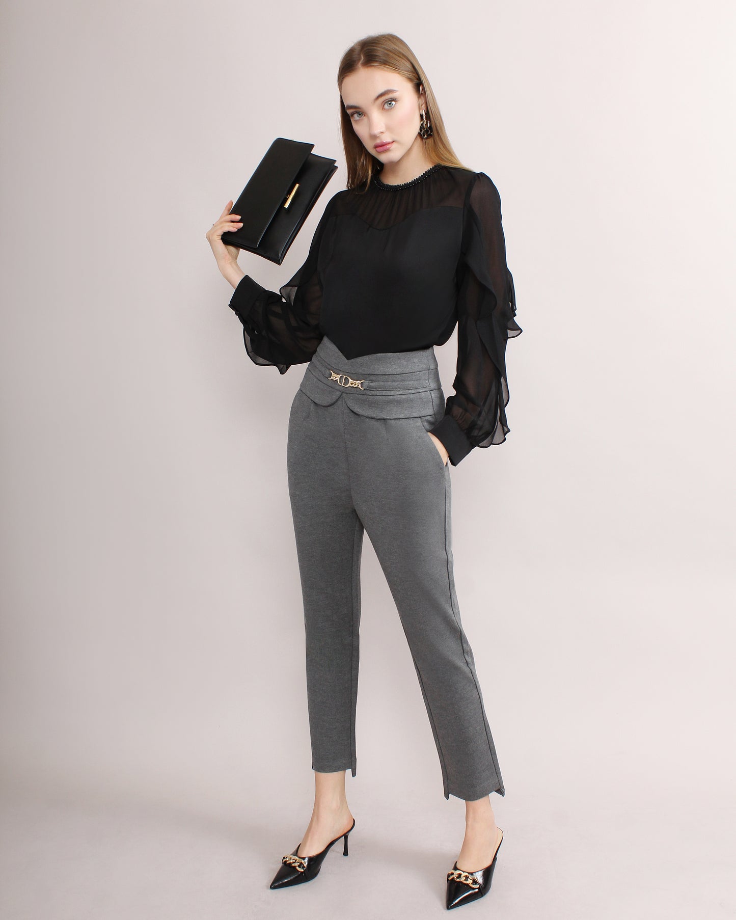 Fitted High Waist Chain Detail Suit Pants