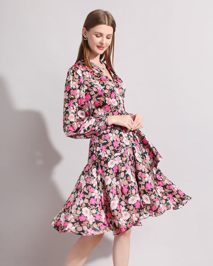 Summer Floral V neck Wrap Ruffle Layered Dress