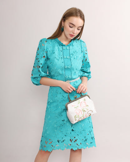 Pleated High Neck Floral Dress