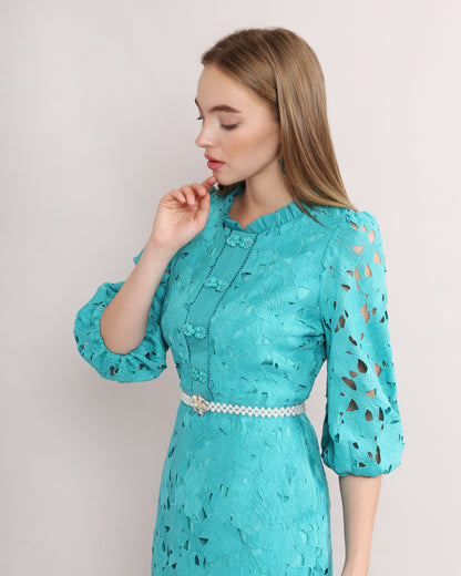 Pleated High Neck Floral Dress