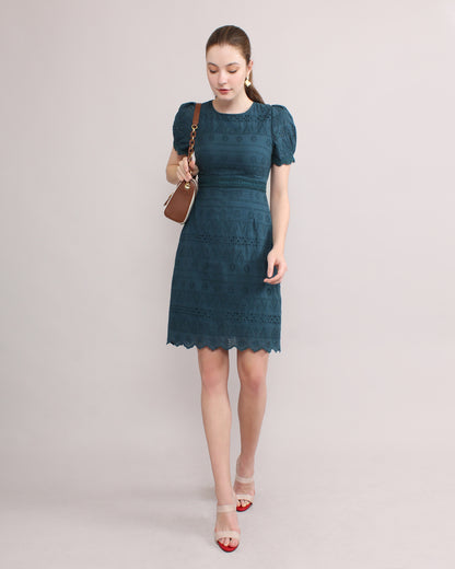 Jewel Neck Puffed Sleeve French Cotton Lace Dress