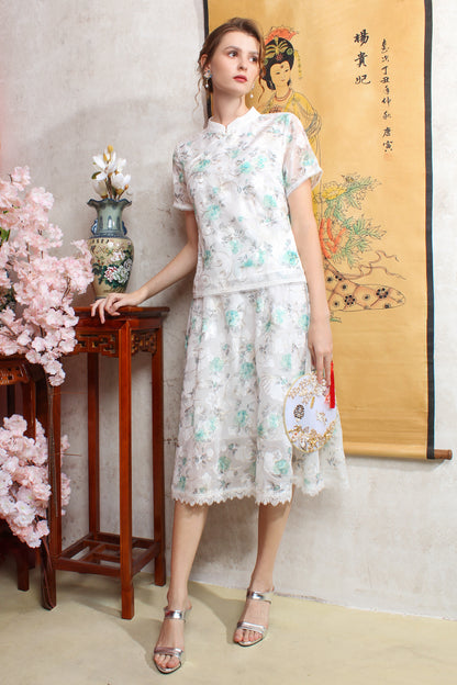 Sophia Vintage Cheongsam Floral Lace Embroidery Two-Piece Suit