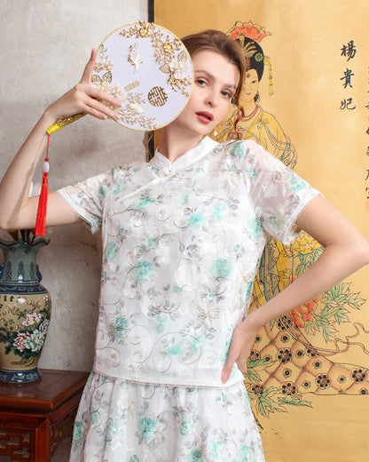 Sophia Vintage Cheongsam Floral Lace Embroidery Two-Piece Suit