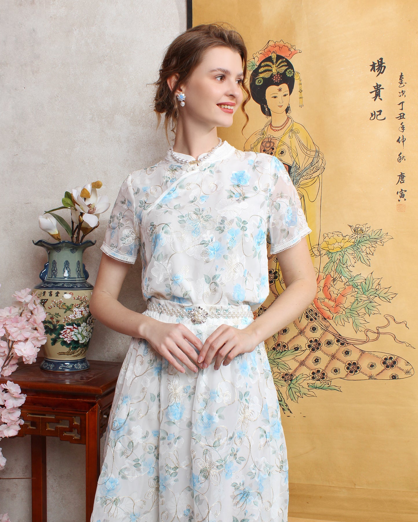 Sophia Vintage Cheongsam Floral Lace Embroidery Two-Piece Suit