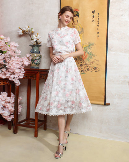 Sophia Vintage Cheongsam Floral Lace Embroidery Two-Piece Suit