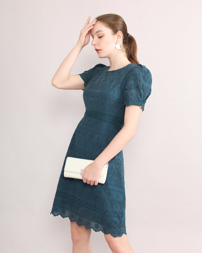 Jewel Neck Puffed Sleeve French Cotton Lace Dress
