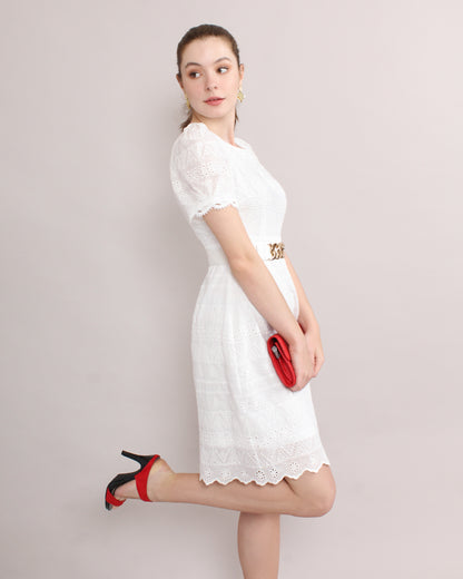 Jewel Neck Puffed Sleeve French Cotton Lace Dress