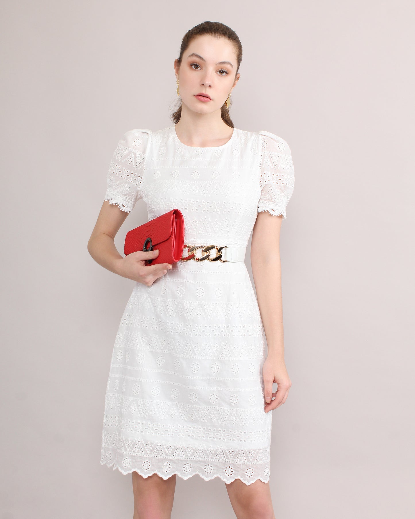 Jewel Neck Puffed Sleeve French Cotton Lace Dress