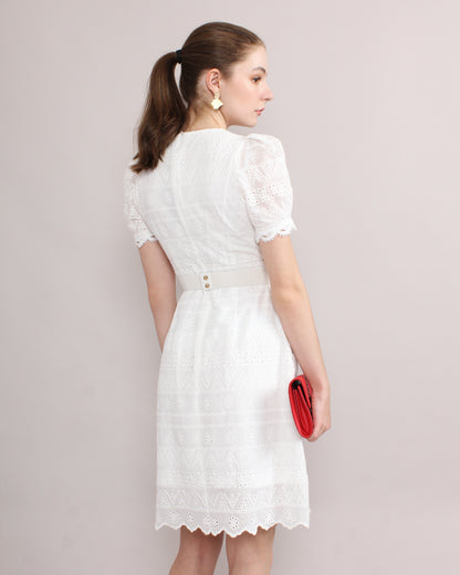 Jewel Neck Puffed Sleeve French Cotton Lace Dress