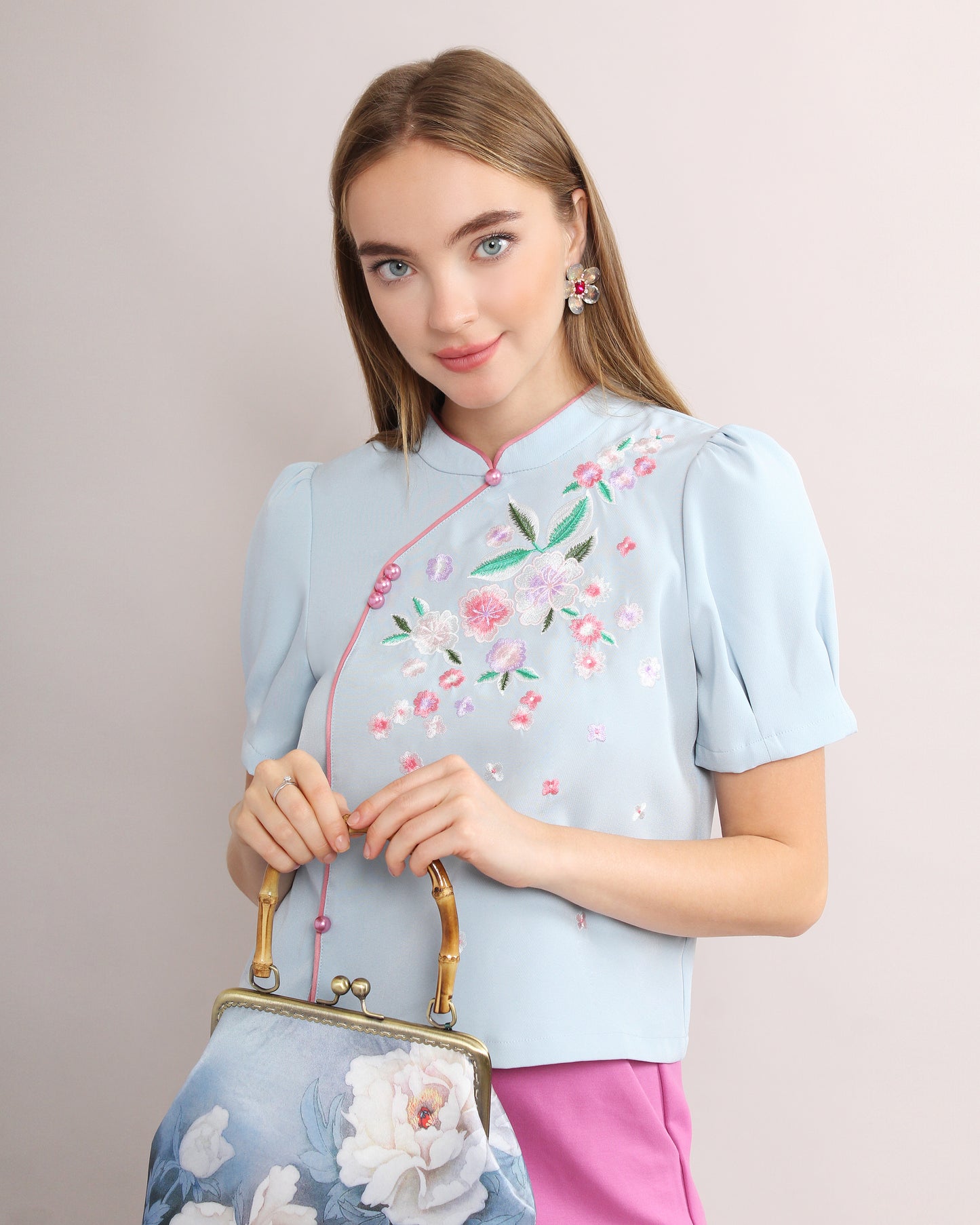 Crop Loose Embroidery Cheongsam Blouse