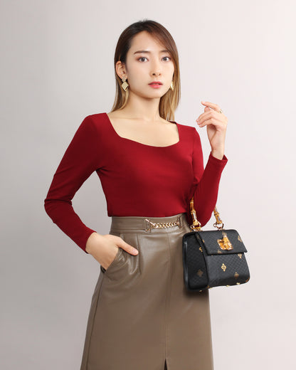 Cotton Square Neck Long Sleeve Fitted Blouse