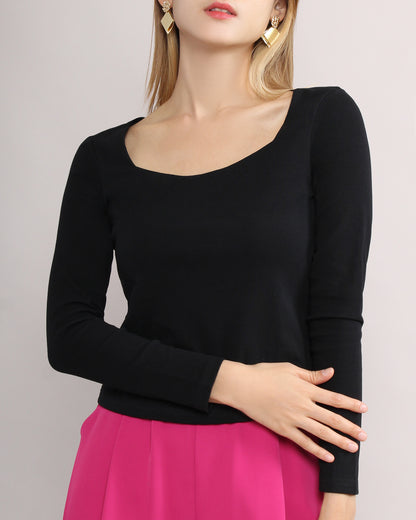 Cotton Square Neck Long Sleeve Fitted Blouse