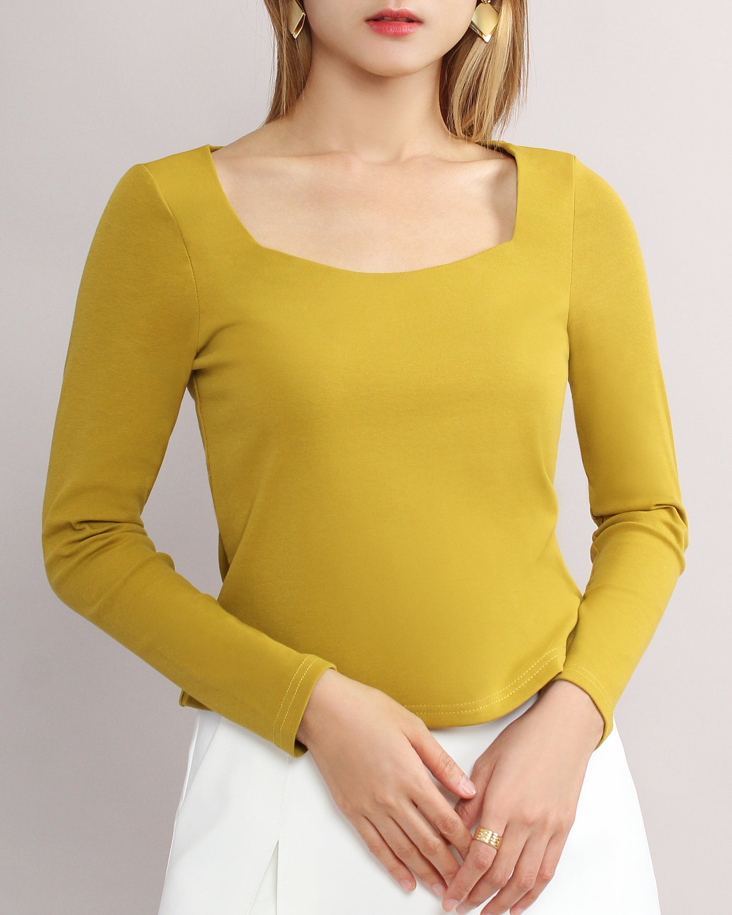 Cotton Square Neck Long Sleeve Fitted Blouse