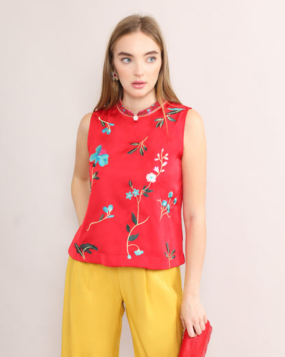 Vibrant Embroidered pattern Cheongsam Blouse