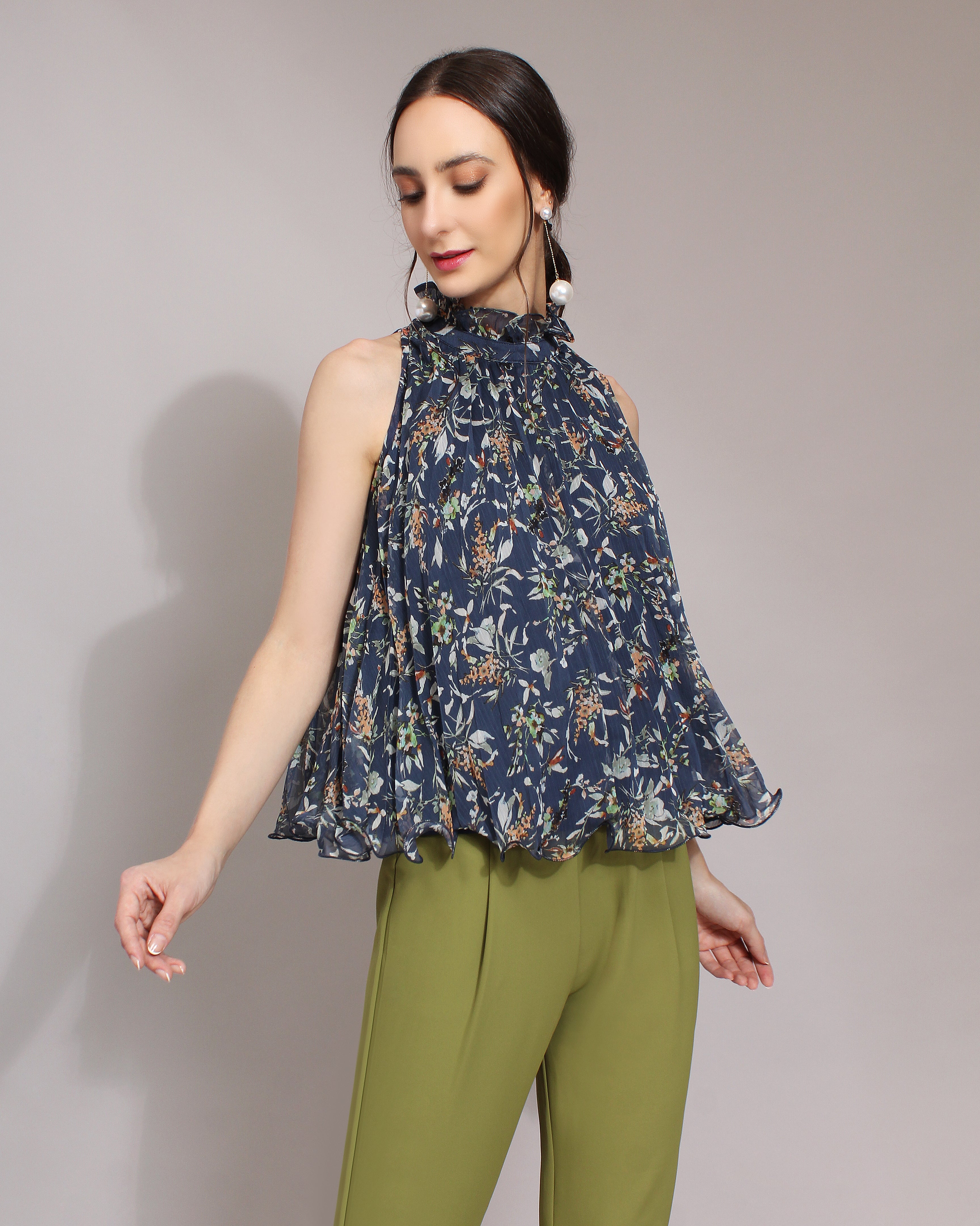 Floral Print High Neck Chiffon Blouse