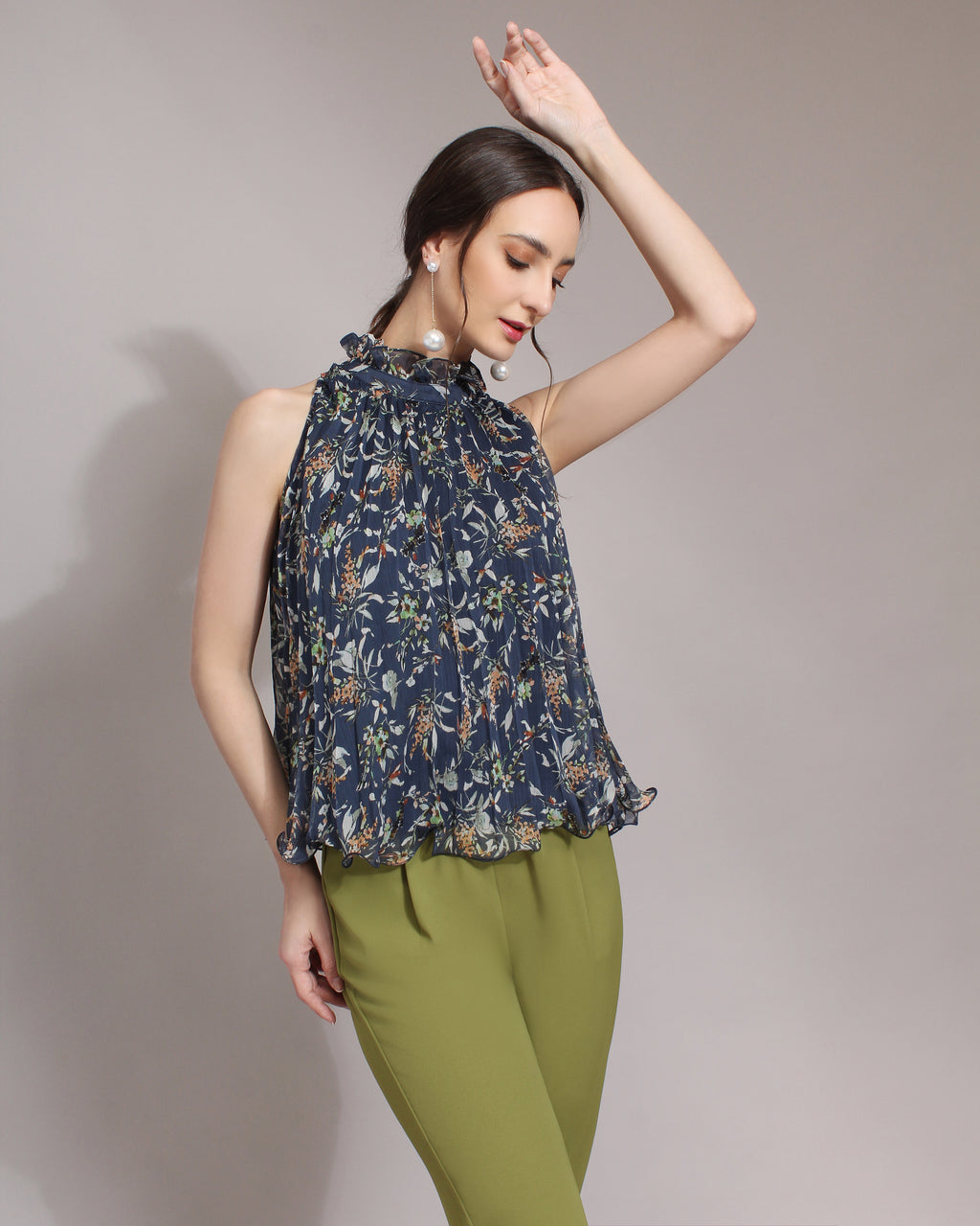 Floral Print High Neck Chiffon Blouse