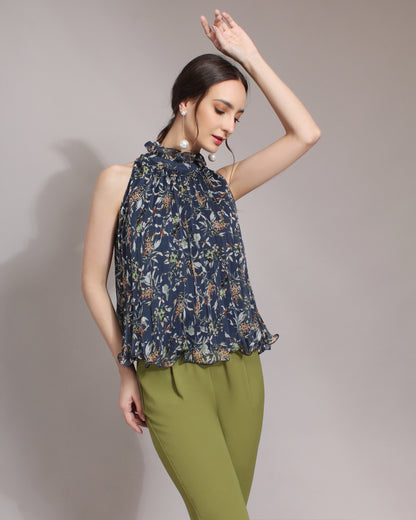 Floral Print Sleeveless High Neck Georgette Chiffon Blouse