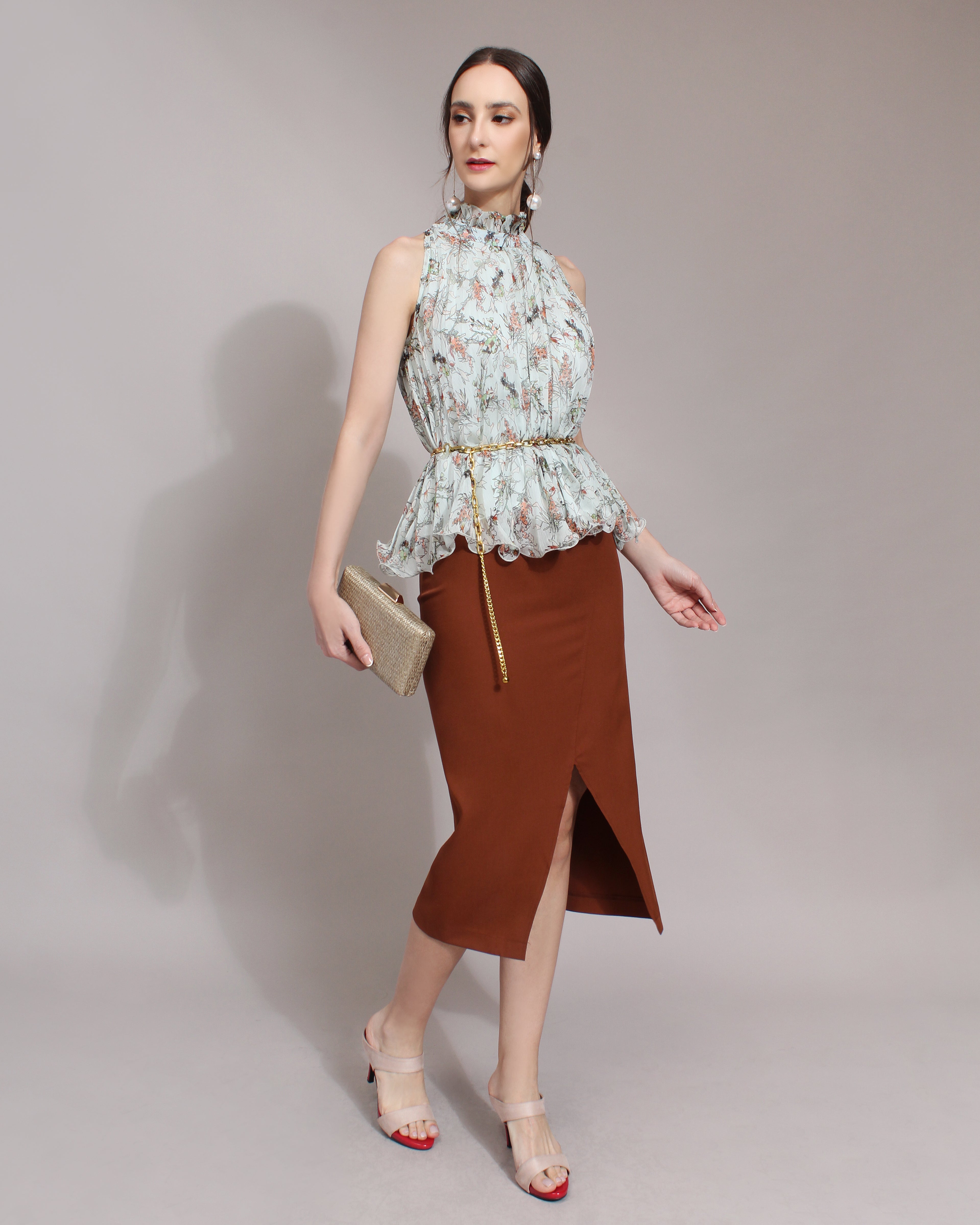 Floral Print High Neck Chiffon Blouse