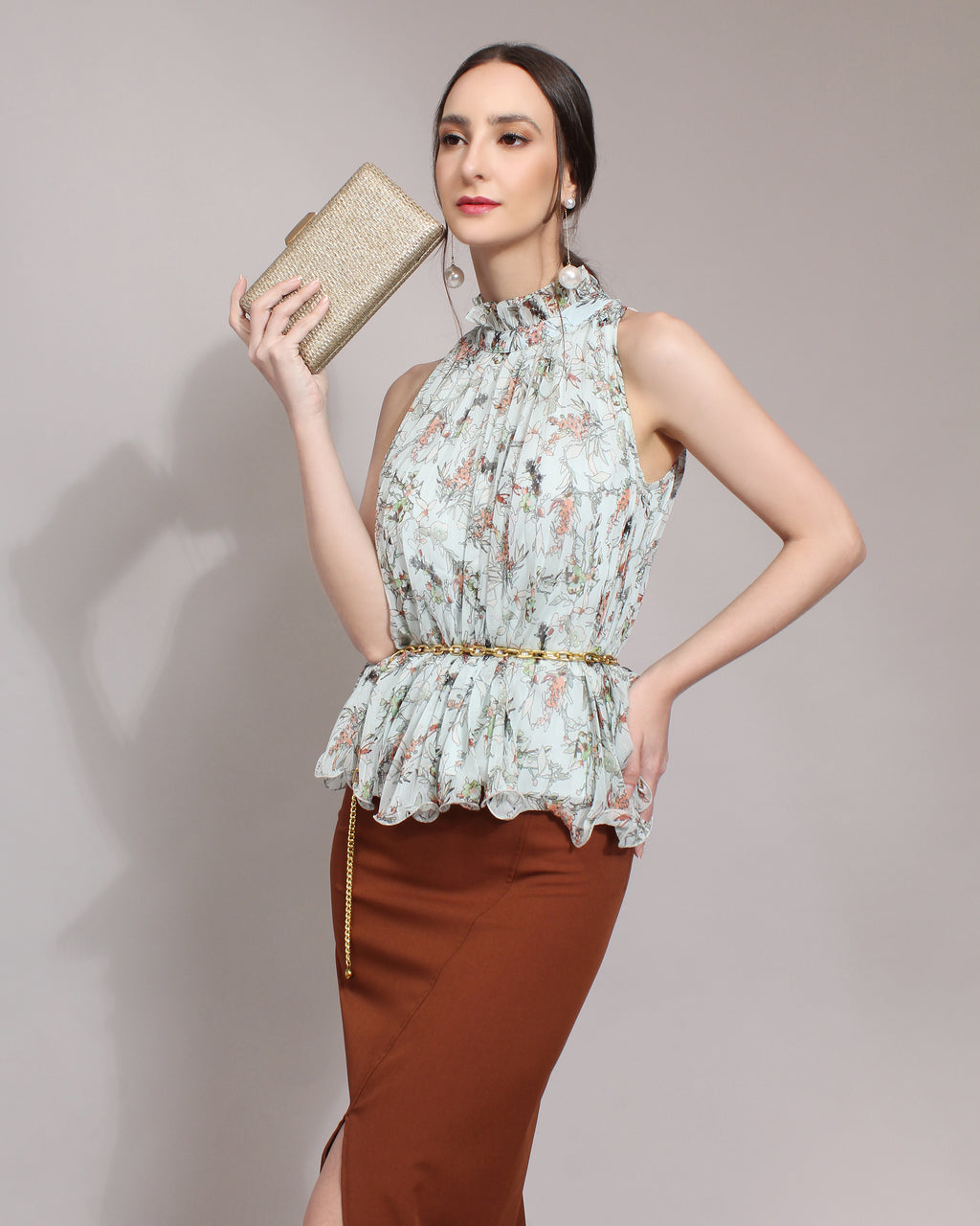 Floral Print High Neck Chiffon Blouse