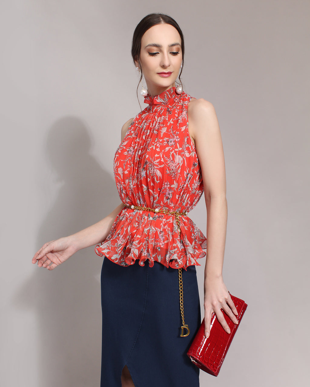 Floral Print High Neck Chiffon Blouse
