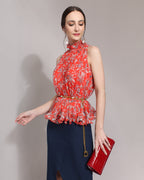 Floral Print High Neck Chiffon Blouse