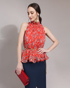 Floral Print High Neck Chiffon Blouse